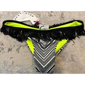 Beach Bunny Bikini Bottom Neon Yellow Black White Chevron Fringe XS New